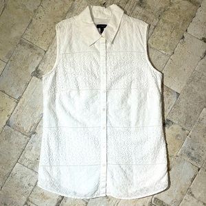 Talbots eyelet white cotton button up sleeve shirt, polyester embroidered Size 2